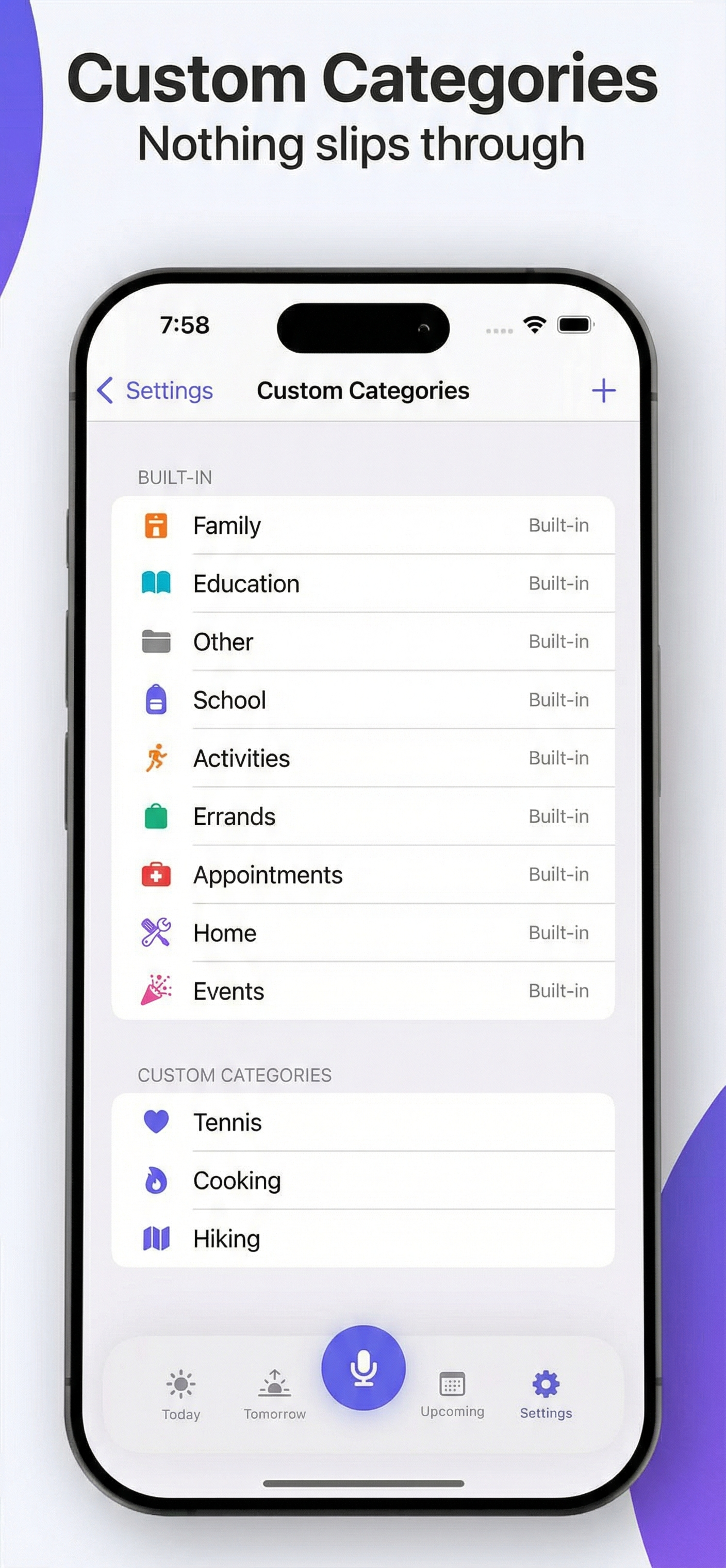 Custom categories list screen